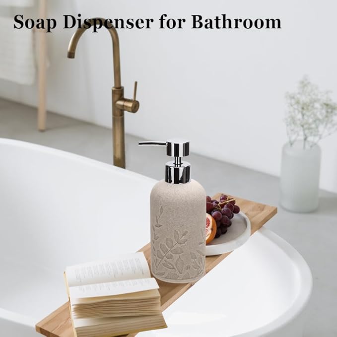 2pcs Hand Soap Dispenser Set, Sandstone Textured Resin Liquid Soap Dispensers for Bathroom Countertop, Heavy & Sturdy Dish Wash Soap Dispenser for Kitchen, Matte Beige