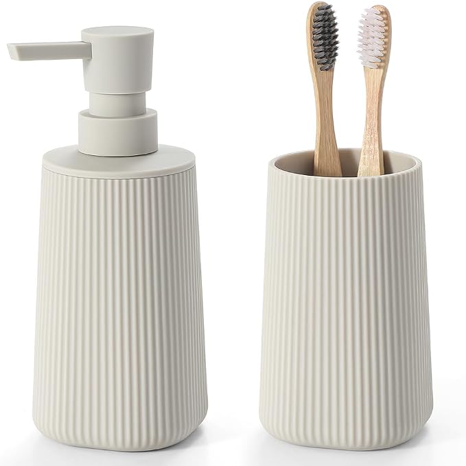 YAUKPH Bathroom Accessories Set 2 Piece Soap Dispenser and Toothbrush Holder for Bathroom Countertop Striped Beige