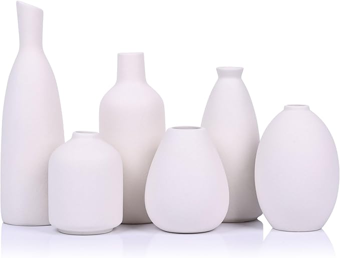 White Ceramic Vase Set of 6, Modern Boho Vases for Dry Flowers, Small White Vases for Decor, White Small Vases for Centerpieces in Bulk, Mini Small Flower Vases for Wedding Home Table Party Decor