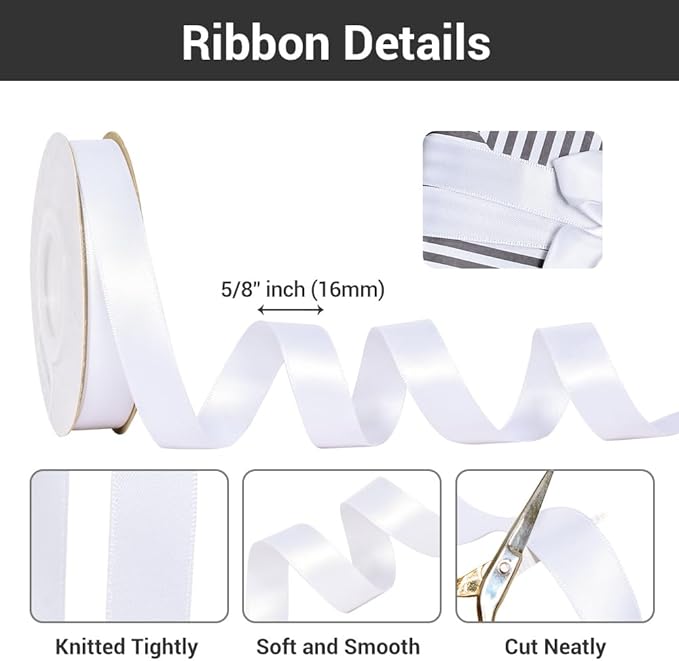 YAMA White Double Face Satin Ribbon 5/8 inch 25 Yards White Ribbon for Gift Package Wrapping Floral Design Hair Bow Clip Making Crafting Sewing Wedding Decor