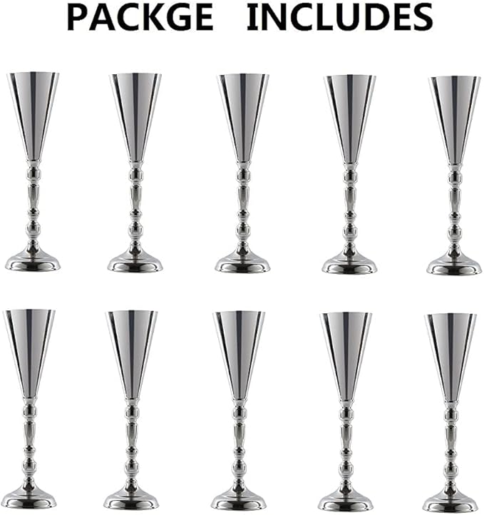 10pcs Tabletop Metal Wedding Flower Trumpet Vase Wedding Centerpiece Flower Vase for Wedding Event Decoration Living Decor Party Decor (Silver, 10×L)
