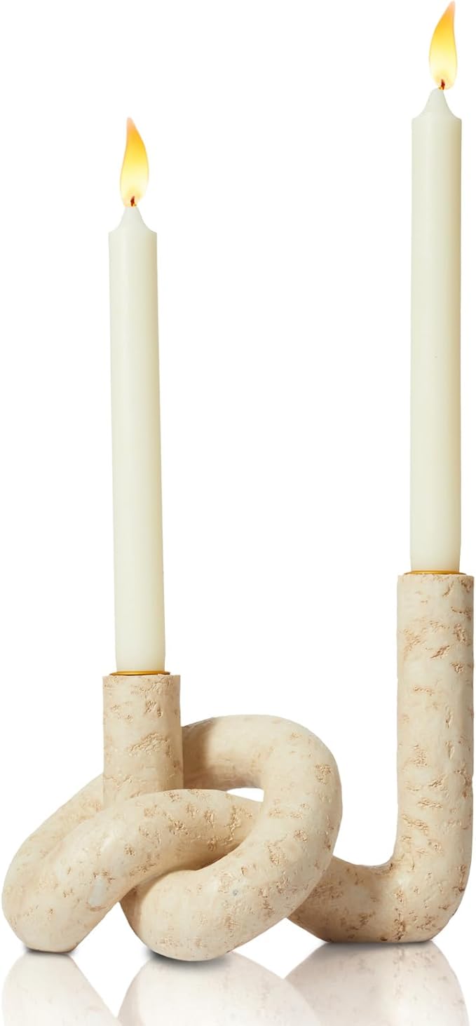 DN DECONATION Knot Shaped Taper Candle Holders - Travertine Resin Candlestick Holders, Candle Sticks Holder Boho Farmhouse Decor Coffee Table Centerpiece for Living Room Fireplace Wedding