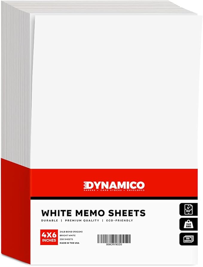 White Memo Sheets Paper – Perfect for Quick Notes, To-Do Lists and Reminders for School, Office and Business | 4 x 6 Inches | 24lb Bond / 60lb Text (90gsm) Paper | 250 Sheets per Pack