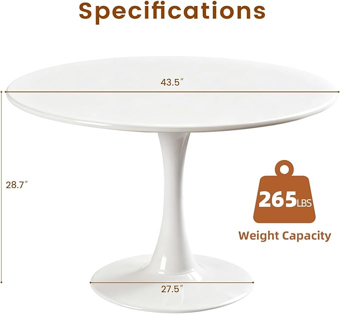 Round Dining Tulip Table for 4, Mid-Century Modern Table with Sturdy Metal Pedestal for Kitchen, Bistro, Cafe, Leisure (White, 43.5 INCH)