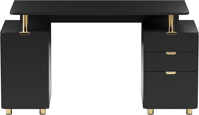 Elegant 56.75" W Executive Desk with 3 Drawers and Storage Cabinet, Modern Office Desk with Gold Accents, Floating Work Surface, Closed Storage with Ventilation & Adjustable Shelf (Black,Gold)