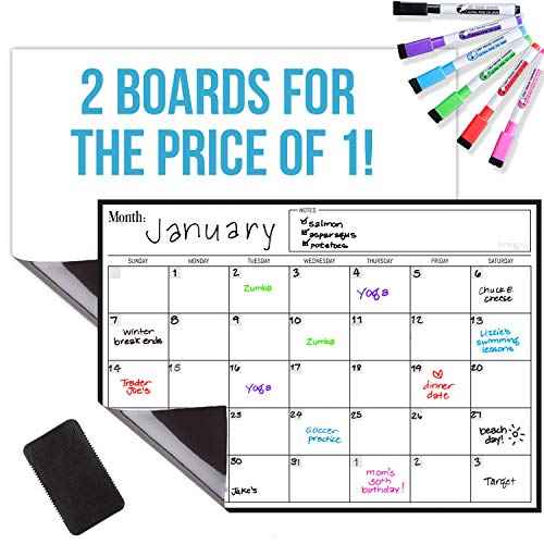 Magnetic Dry Erase Fridge Calendar and Whiteboard Bundle for Fridge: 2 Boards - 17"x12" - 6 Fine Tip Markers and Large Eraser with Magnets - Monthly Magnetic Whiteboard for Fridge - Fridge Whiteboard