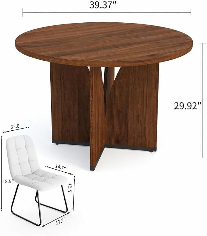 HIPIHOM Modern Round Dining Table Set for 2, 39.4" Walnut Kitchen Table with 2 PU Leather Chairs, 3-Piece Mid-Century Dining Room Set for Small Spaces, Pedestal Base & Ergonomic Padded Chairs