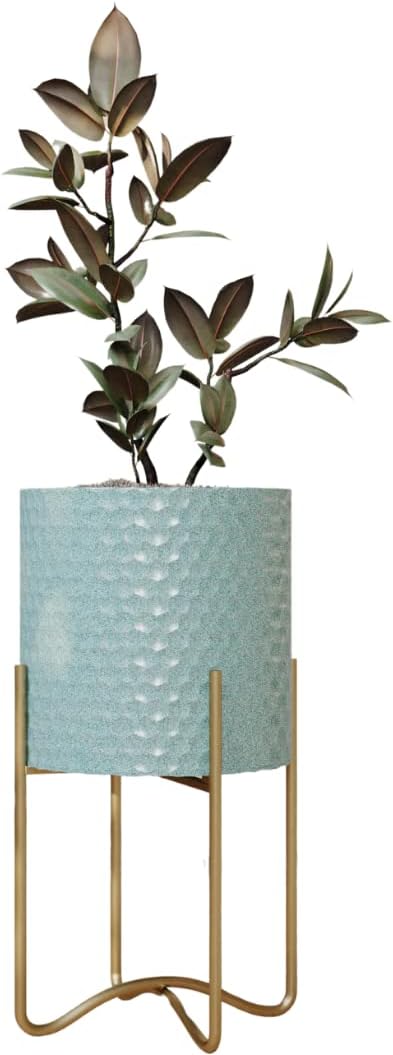 EverNest Mid-Century Modern Rhys Honeycomb Embossed Planter Pot with Ambrose Stand, Metal Indoor Plant Pots, Blue Green Bohemian Style (Large 3 Gallon)