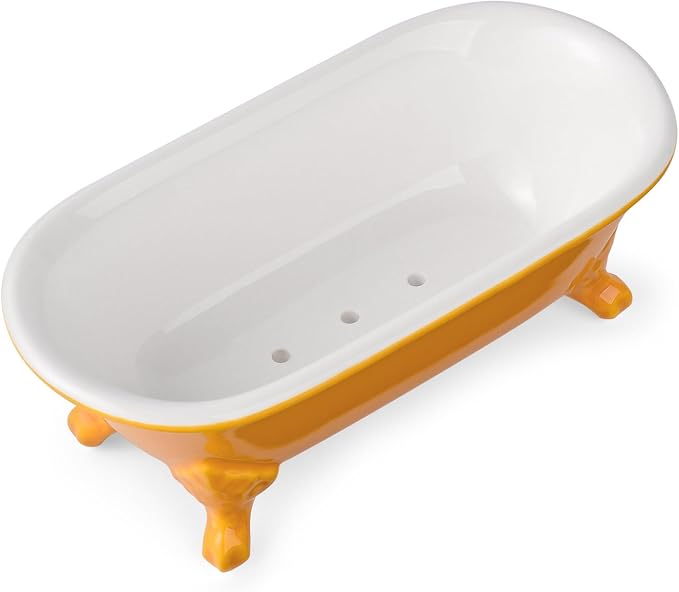 6.5" Ceramic Mini Decorative Clawfoot Bathtub Bar Soap Dish, Kitchen Sponge Holder and Shower Tray for Bathroom, 1 Pack(Golden Yellow)