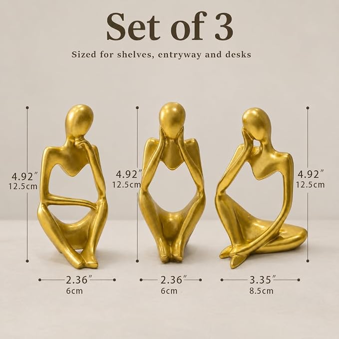 Gold Thinker Statue Set of 3 - Abstract Resin Figurines for Home Decor, Modern Art Sculpture for Office Desk, Bookshelf, Living Room, Minimalist Tabletop Decoration (5 inches)