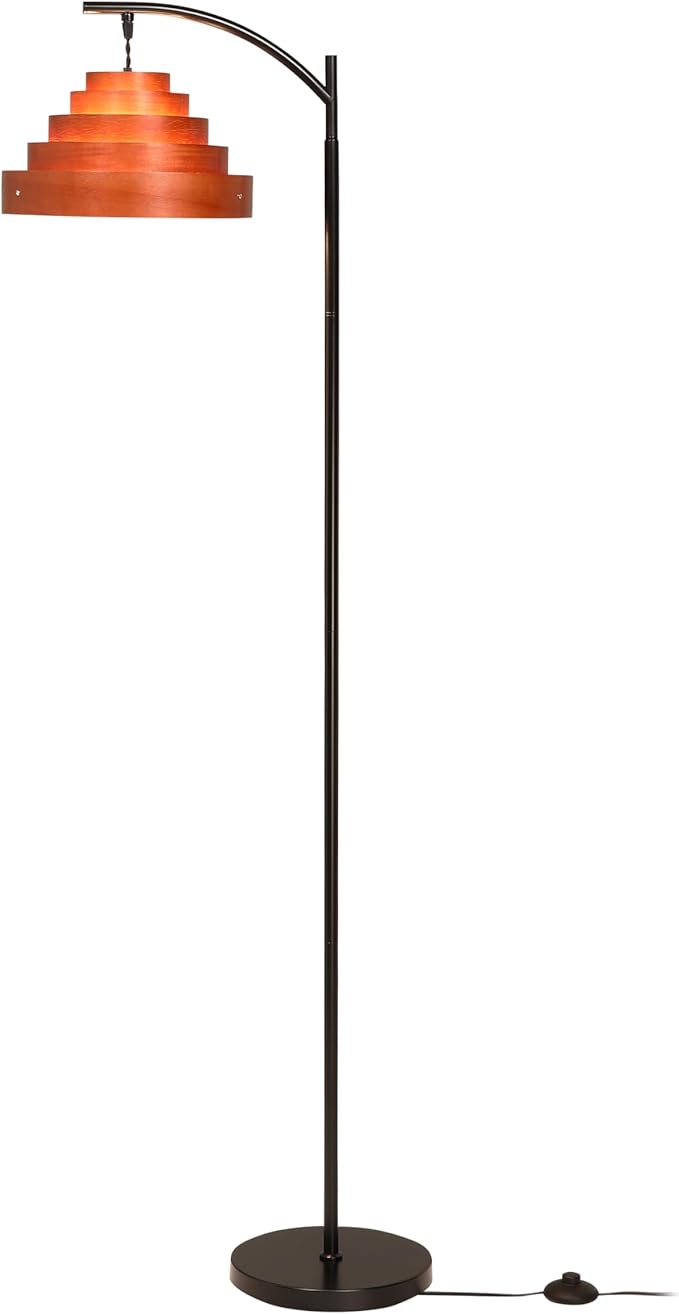 O’Bright Strata Wooden Floor Lamp - Mid Century Modern Standing Lamp with Layered Wood Shade, Tall Reading Lamp for Living Room, Bedroom, Office, Black, Dark Oak, Cascade Shade
