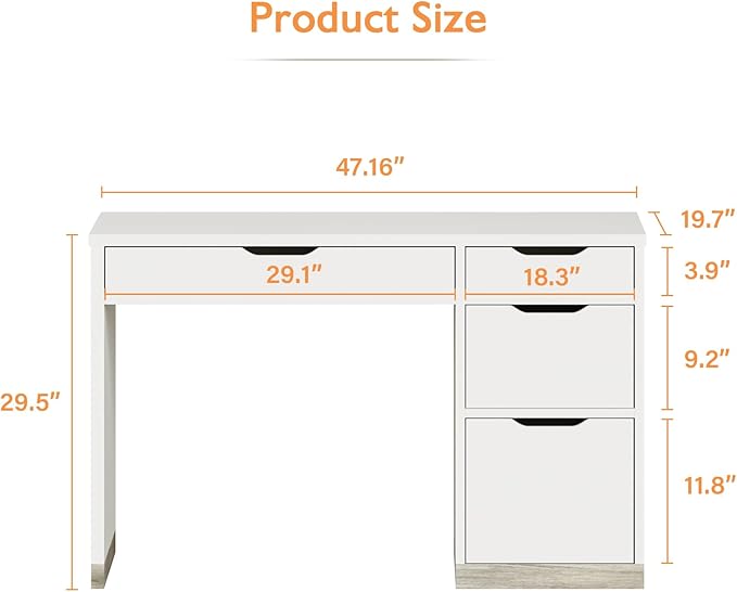 48 Inch White Desk with Drawers, Small Desk with 4 Storage Drawers for Kids, Computer Study Desk with Filing Drawers for Home Office