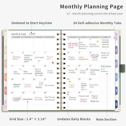 RETTACY Undated Planner, Weekly and Monthly, 53 Weeks and 12 Months, Medium Size (5.7" x 8.3"), 24 Self-adhesive Monthly Tabs, Hardcover, 100 GSM Thick Paper, Spiral-bound (Light Green)