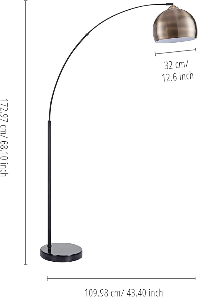Teamson Home Arquer 68.1" Arc Floor Lamp for Living Rooms, Home Offices, Dining Rooms, Bedrooms with Faux Black Marble Base and Antique Brass Bell Shade