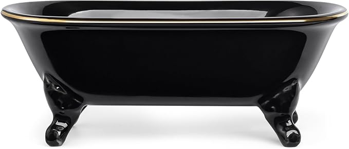 6.5" Ceramic Mini Decorative Clawfoot Bathtub Bar Soap Dish, Kitchen Sponge Holder and Shower Tray for Bathroom, 1 Pack (Black Gold Rim)