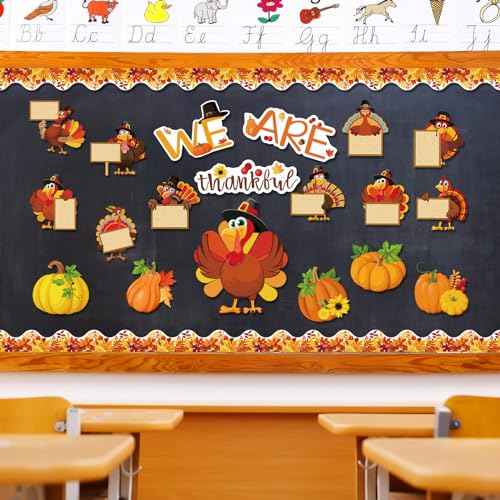 Dianelhall Thanksgiving Bulletin Board Fall Bulletin Board Decoration Set Fall Pumpkin Turkey Classroom Decorations Leaves Cutouts for Thanksgiving Autumn Harvest School Chalkboard Wall Decor Supplies