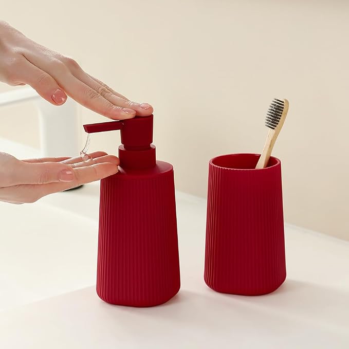 YAUKPH Bathroom Accessories Set 2 Piece Soap Dispenser and Toothbrush Holder for Bathroom Countertop Striped Red