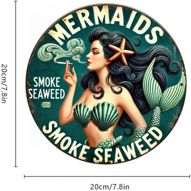 1pc Flat Disc Wooden Room Decor, Vintage Mermaid Seaweed Smoke Design, 8x8 inches (20x20 cm), Durable, Easy to Hang, for Bedroom, Kitchen, Home, Office or as a Gift