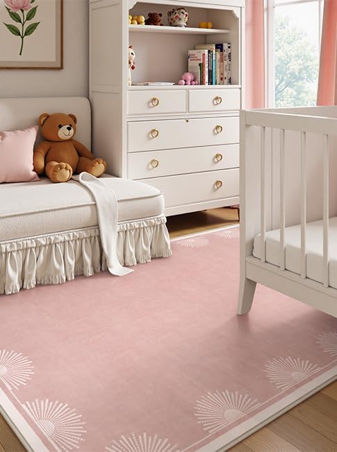Hedlive Modern 3x5 Pink Rugs for Bedroom Girls,Ultra Thin Nursery Rug for Girls Room, Sun Printed Non Slip Washable Area Rug,Soft Non Shedding Throw Carpet for Playroom Classroom(3'x5',Pink)