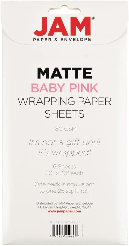 JAM Paper Gift Wrap - Matte Wrapping Paper Sheets - 30" x 20" Per Sheet (25 Sq Ft Total) - Matte Baby Pink - 6 Sheets/Pack