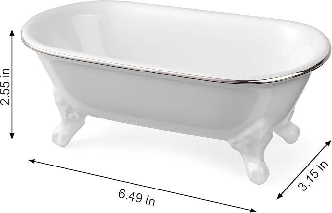 6.5" Ceramic Mini Decorative Clawfoot Bathtub Bar Soap Dish, Kitchen Sponge Holder and Shower Tray for Bathroom, 1 Pack (White Silver Rim)