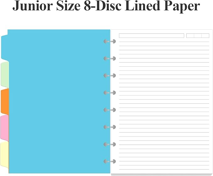 Junior Size Lined Paper Refills - 100 Sheets/200 Pages 8-Disc Refill Paper, 5 Colorful Sheets Dividers, 5.8" x 8.5"