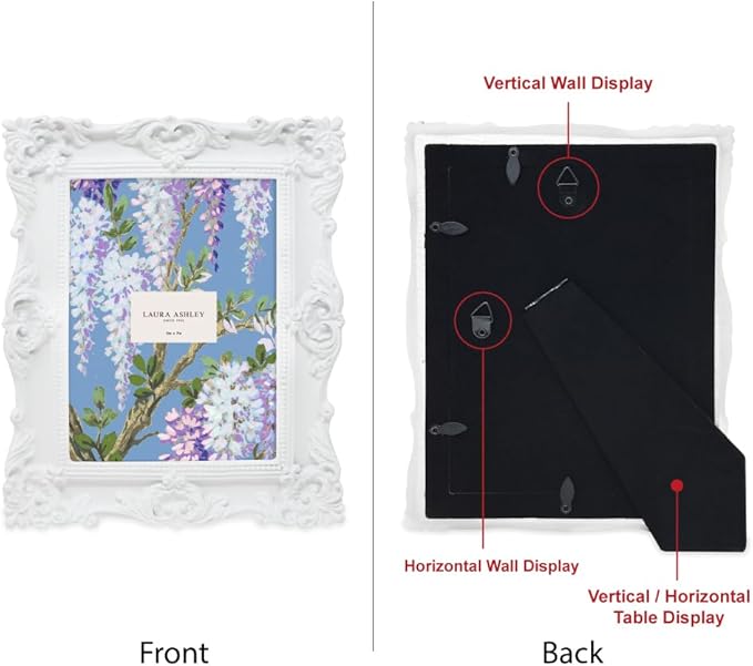 Laura Ashley 5x7 White Ornate Textured Hand-Crafted Resin Picture Frame with Easel & Hook for Tabletop & Wall Display, Decorative Floral Design Home Décor, Photo Gallery, Art, More (5x7, White)