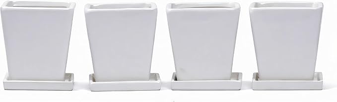 White Ceramic Plant Pots with Saucers, 4 Inch Square Succulent Planter Pots Set of 4, Modern Minimalist Small Flower Pots for Indoor Plants, Cactus, Herbs, Home Office Decor