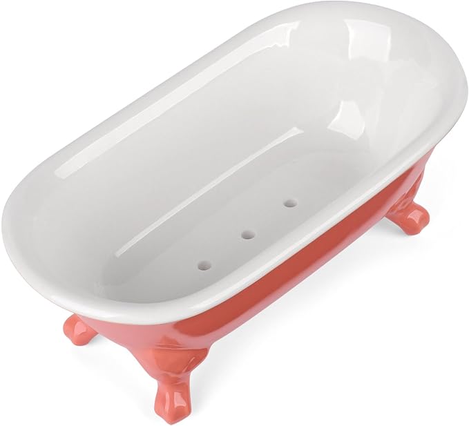 6.5" Ceramic Mini Decorative Clawfoot Bathtub Bar Soap Dish, Kitchen Sponge Holder and Shower Tray for Bathroom, 1 Pack(Coral)