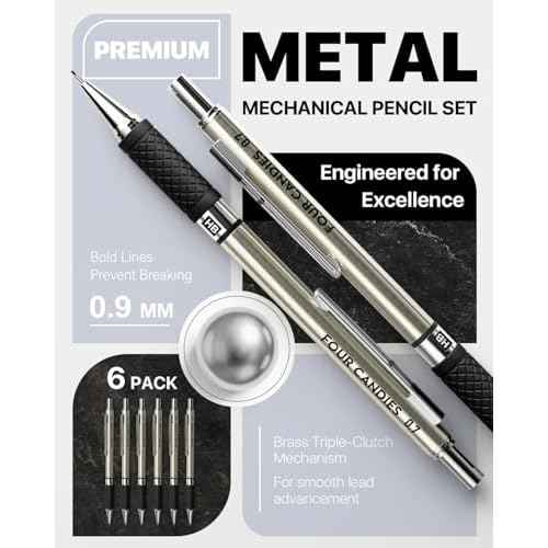Four Candies Metal Mechanical Pencil Set - 6PCS 0.9mm Art Mechanical Pencils & 360PCS HB Lead Refills & 3PCS Erasers & 9PCS Eraser Refills, Drawing Mechanical Pencils for Writing, Sketching -With Case