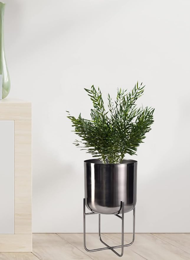 Serene Spaces Living Modern Mid Century Medium Black Nickel Planters with Stand, Planter Pots with Metal Stands, Flower Pot for Living Room Décor, Garden, Measures 13" Tall & 7.25" Diameter