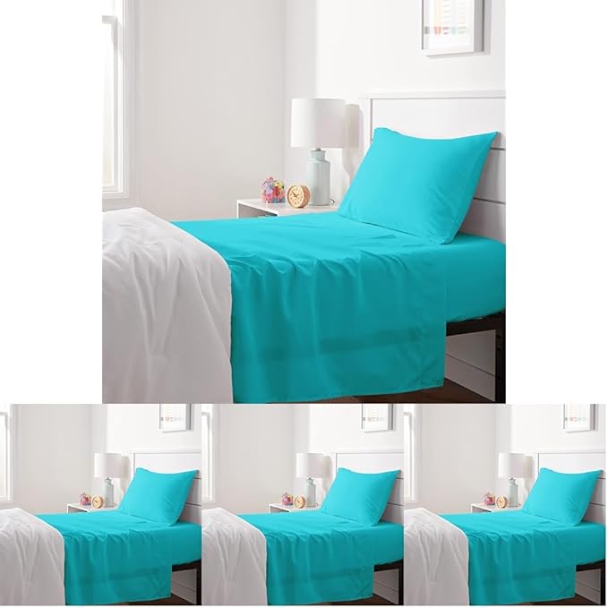 Amazon Basics Kid's Soft Easy-Wash Lightweight Microfiber 3-Piece Sheet Set, Twin, Bright Aqua, Solid (Pack of 4)