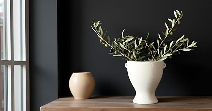 Ceramic Vase with Handles - Modern Terracotta Rustic Pottery for Home Decor, Living Room, House Decor Accents, Bookshelf, Console (Off-White)