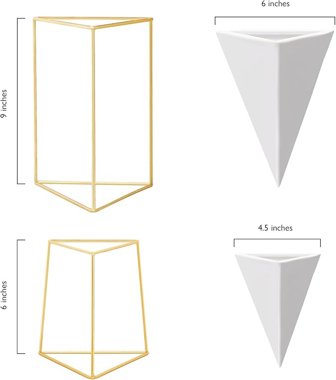 Modern Geometric Table Vases - Set of 2, 1 x Large, 1 x Small, White Ceramic Porcelain Style Baskets, with Decorative Brass Wire Frames - Accents Blue, Turquoise, and Yellow Flowers