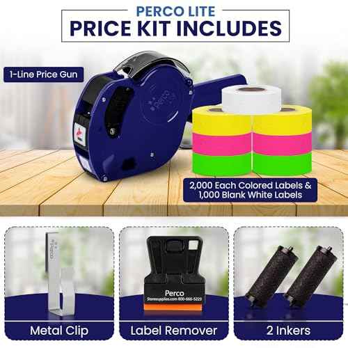 Perco Lite 1 Line Price Gun Kit - Includes 2 Rolls Each of Yellow, Fluorescent Green & Fluorescent Pink Labels, 1 Roll of White Labels (Preloaded), 1 Scraper, 2 Ink Rollers (1 Preloaded) & 1 Gun Clip