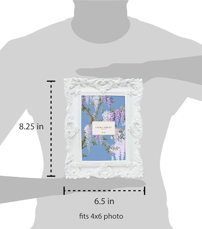 Laura Ashley 4x6 White Ornate Textured Hand-Crafted Resin Picture Frame with Easel & Hook for Tabletop & Wall Display, Decorative Floral Design Home Décor, Photo Gallery, Art, More (4x6, White)