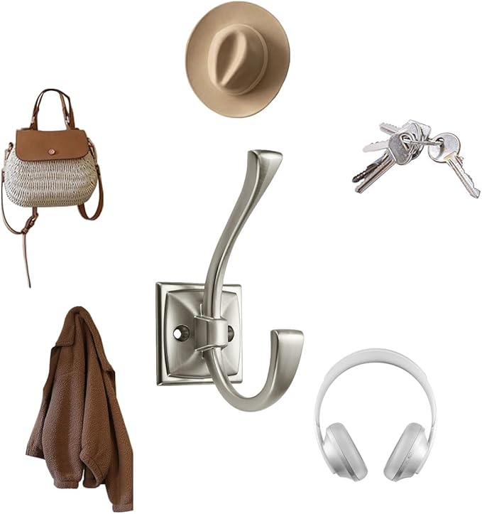 5 Pack Decorative Heavy Duty Towel Hooks for Hanging Robe Double Satin Nickel Coat Hooks Wall Mounted with Screws for Key, Towel, Bags, Cup, Hat