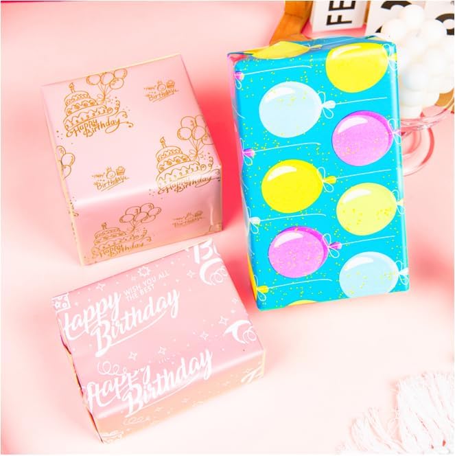 Linnoptimix Birthday Wrapping Paper Rolls -3 LARGE ROLL-27inch*78 inch per roll Colorful Foil Pink Blue wrapping paper (Birthday Blue/Pink/Light Pink （015）)