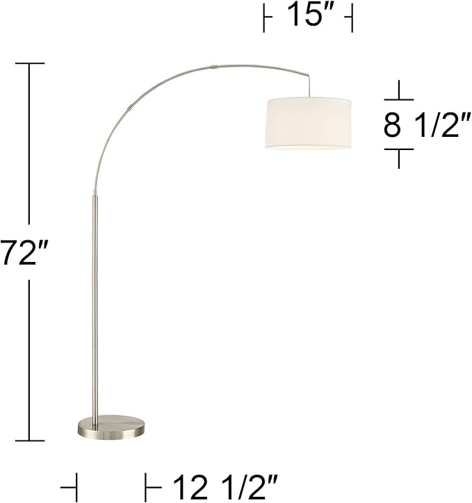 360 Lighting Cora Modern Arched Task Floor Lamp Standing 72" Tall Brushed Nickel Silver Off White Linen Fabric Drum Shade for Living Room Reading House Bedroom Home Decor