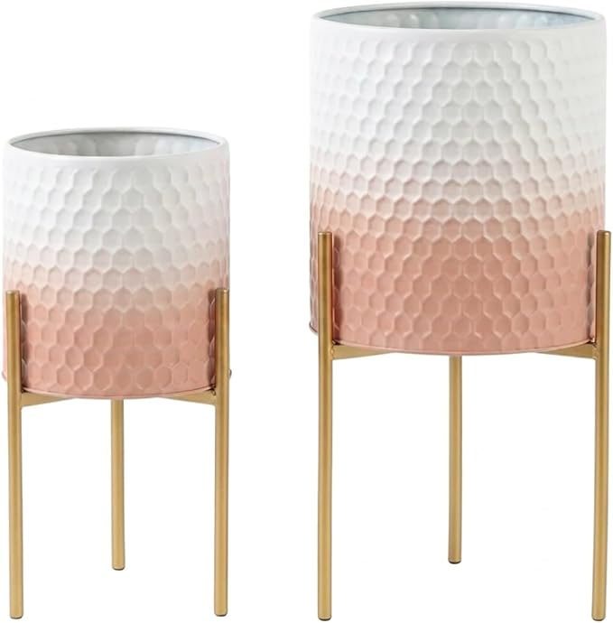Modern Planter Pots, Set of 2 White Pink Planters with Stand, Decorative Planters, Metal Pots with Drainage Holes for Living Room, Office, Garden