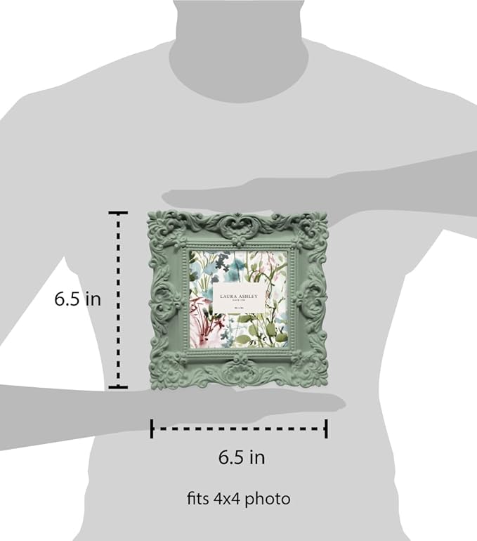Laura Ashley 4x4 Matt Rosemary Ornate Textured Hand-Crafted Resin Picture Frame with Easel, for Tabletop & Wall Display, Decorative Floral Design Home Décor, Photo Gallery, Art (4x4, Matt Rosemary)