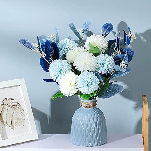 Artificial Flowers and Vases,Fake Hydrangea with Eucalyptus Bouquet Combination, Realistic Dining Table, Living Room Home Decoration （Blue）