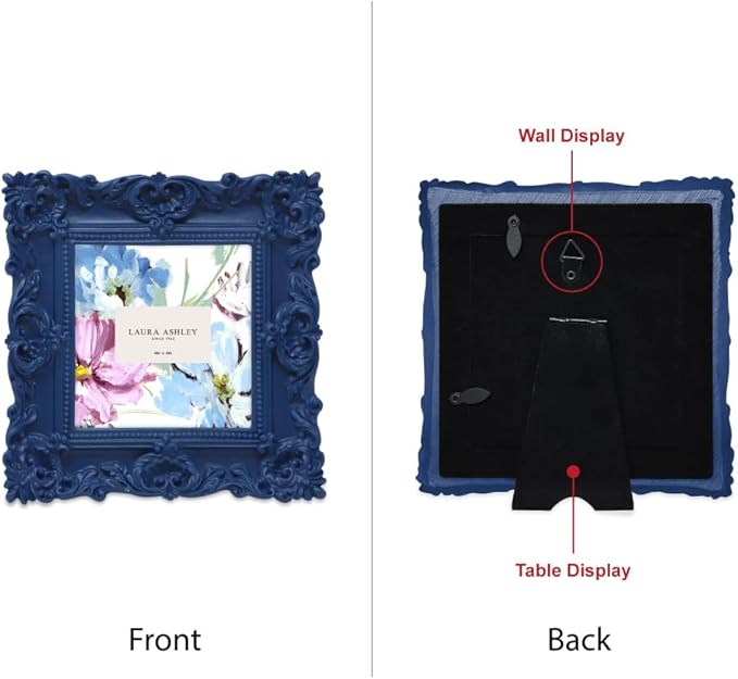 Laura Ashley Ornate Textured Hand-Crafted Resin Picture Frame with Easel & Hook for Tabletop & Wall Display, Decorative Floral Design Home Décor, Photo Gallery, Art, More (4x4, Navy)