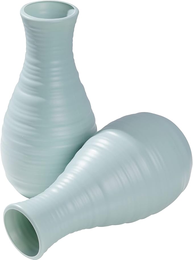 2 Pack Composite Plastics Flower Vase, Unbreakable Ceramic Look Vase for Home Decor Centerpieces, Arranging Bouquets (Green)