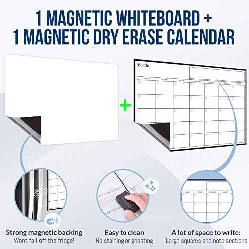 Magnetic Dry Erase Fridge Calendar and Whiteboard Bundle for Fridge: 2 Boards - 17"x12" - 6 Fine Tip Markers and Large Eraser with Magnets - Monthly Magnetic Whiteboard for Fridge - Fridge Whiteboard