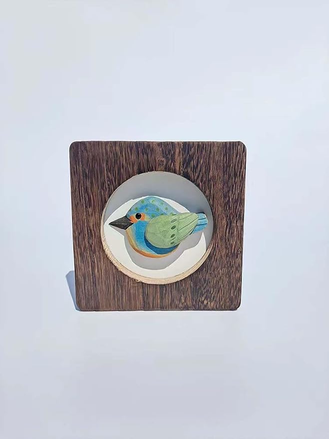 Wood Bird Sculpture with Frame, Cute Hand Carved Bird Wall Art Bird Wall Decor Wooden Wall Decor Desk Table Ornament Office Home Décor Bird Gift (Green)
