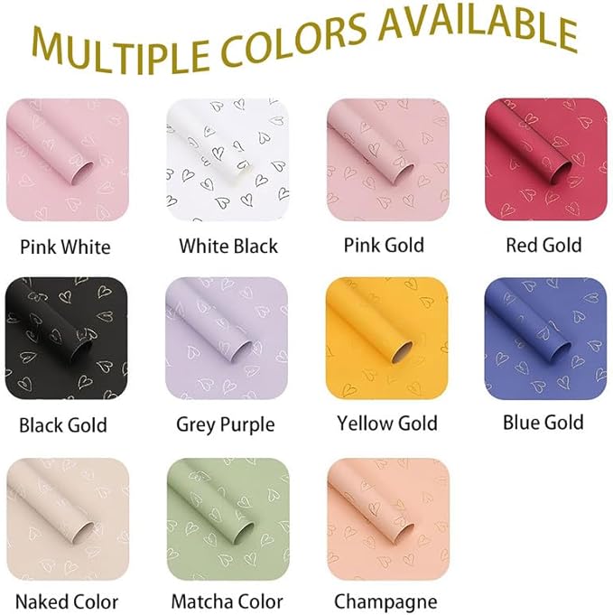 MLSG 20 Sheet Solid Color Heart Wrapping Paper - Waterproof Floral Bouquet Wrapping Paper, Florist Supplies Packaging Paper for Wedding Birthday Gift Wrap Paper (Black Gold)