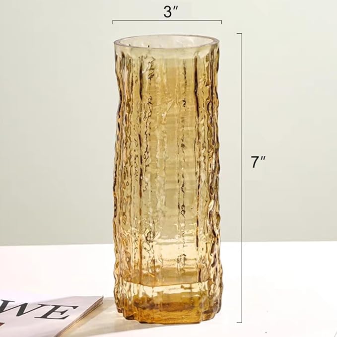 Clear Glass Vase Cylinder 7" Ribbed Thickened Flower Vase Crystal Vase for Modern Centerpieces Home Decor Living Room Bedroom Dining Table Office Wedding Decoration Gift (Amber)