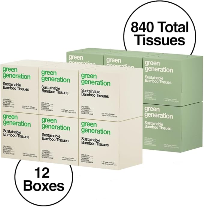 Green Generation Bamboo Facial Tissues Cube Boxes - 3-Ply, 70 Sheets/Box, 12 Multicolor Face Tissue Boxes, 840 Unscented Organic Soft Paper Facial Tissuefor Daily Use - Hypoallergenic,FSC Certified
