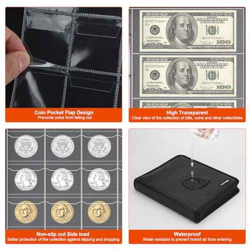 Coin Collection Book Holder for Collectors, 520 Pockets Fireproof Coins Collecting Album & 36 Sleeves Money Storage Case for Coin Currency Collection Supplies, Bill, Pennies, Quarters, Stamp